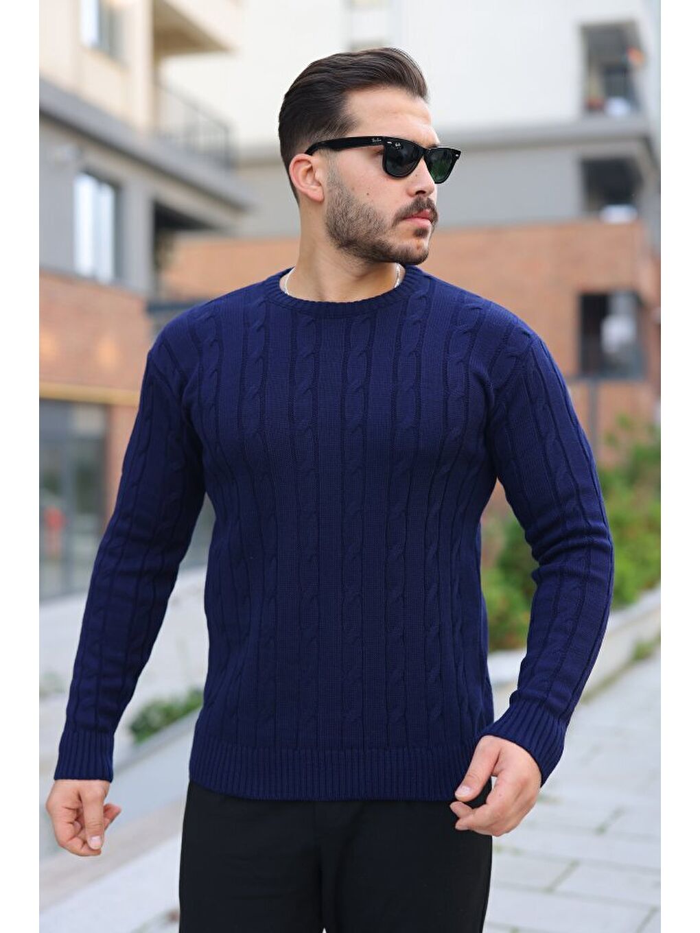 Lacivert Erkek örgü Desen Bisiklet Yaka Kazak-2