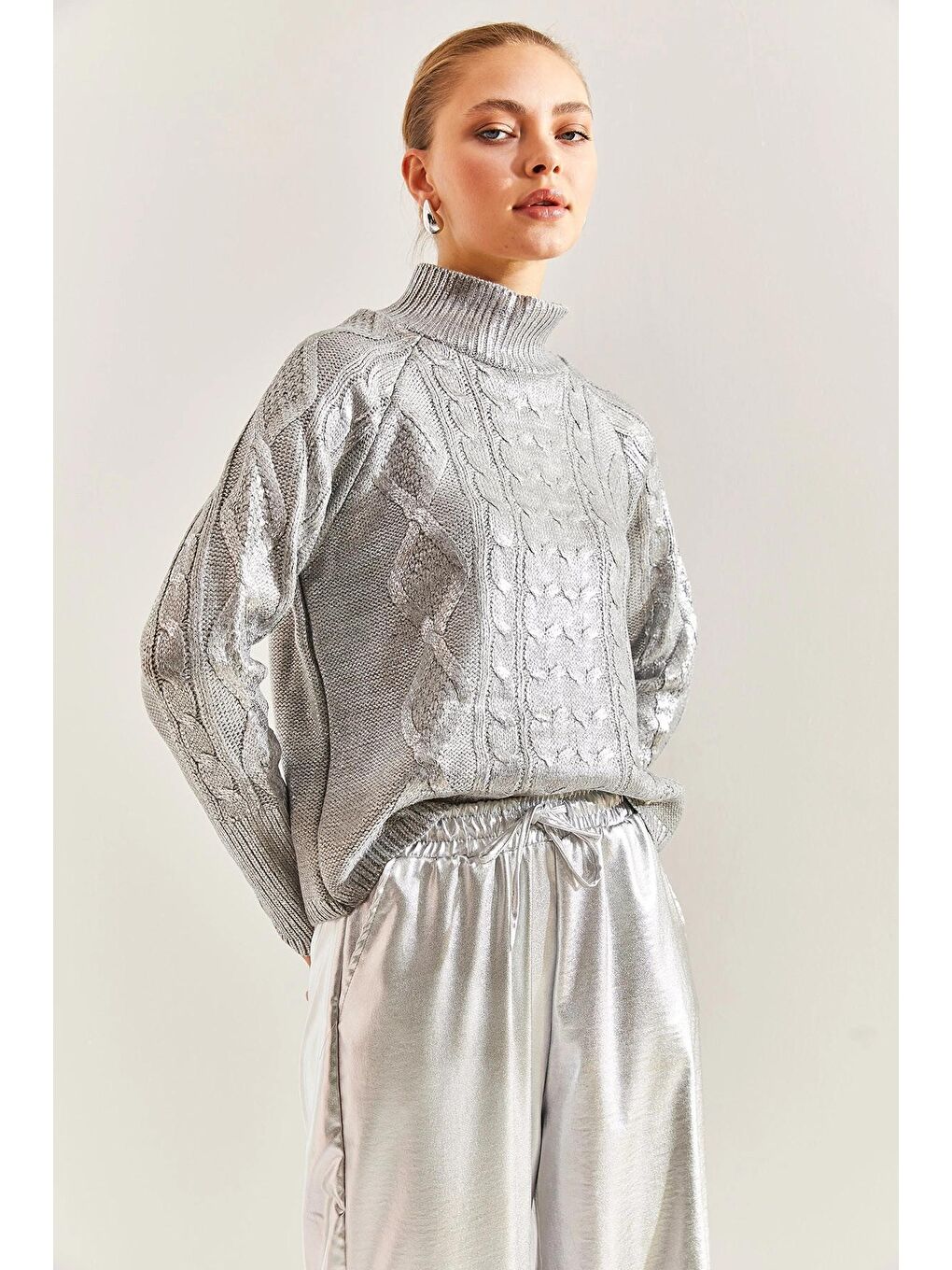 Gri Kadın Desenli Triko Kazak-1