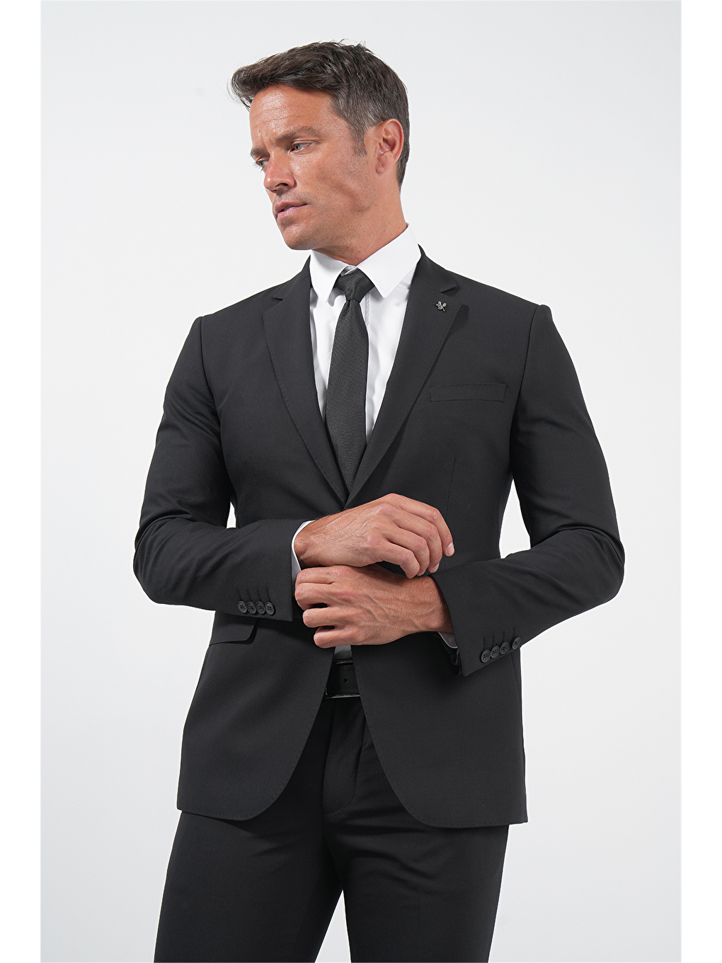 Siyah Gabardin Mono Yaka 8 Drop Slim Fit Dar Kesim Basic Takım Elbise 1001255006-1