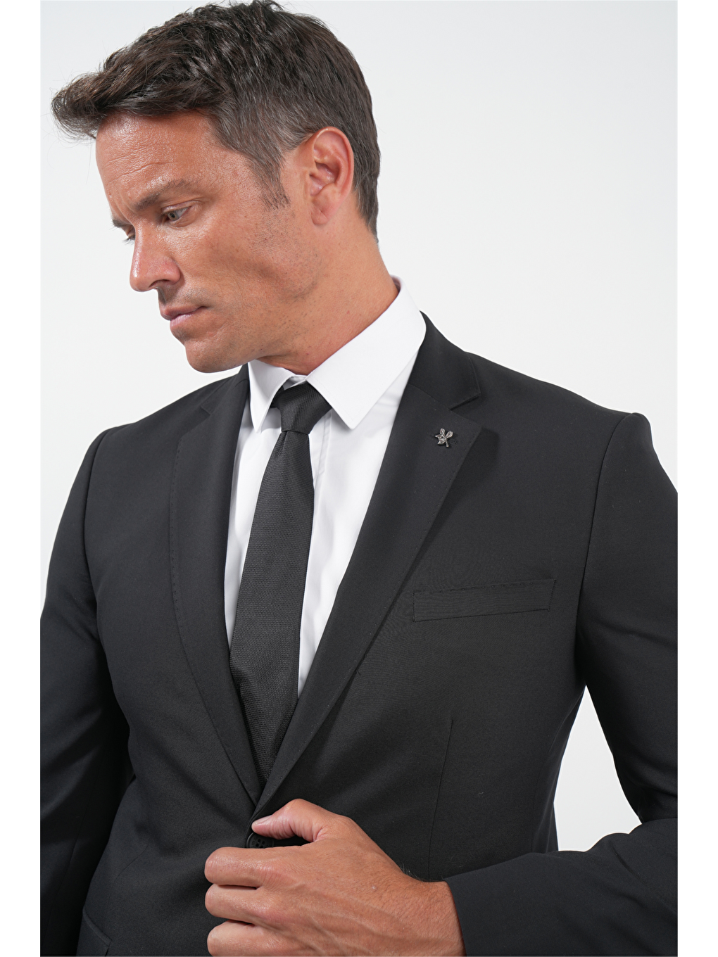 Siyah Gabardin Mono Yaka 8 Drop Slim Fit Dar Kesim Basic Takım Elbise 1001255006-3