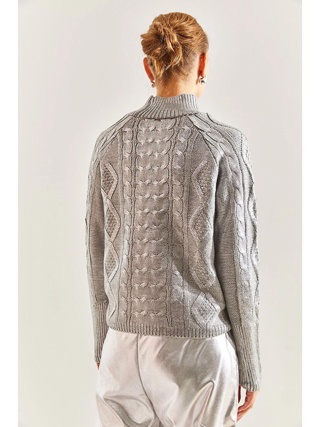 Gri Kadın Desenli Triko Kazak-2