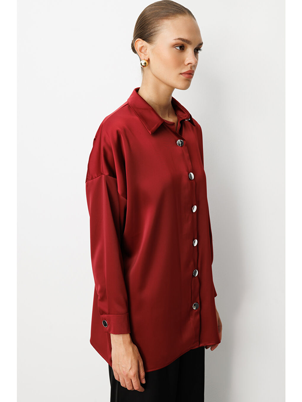 Metal Düğmeli Bordo Saten Tunik Gömlek-1