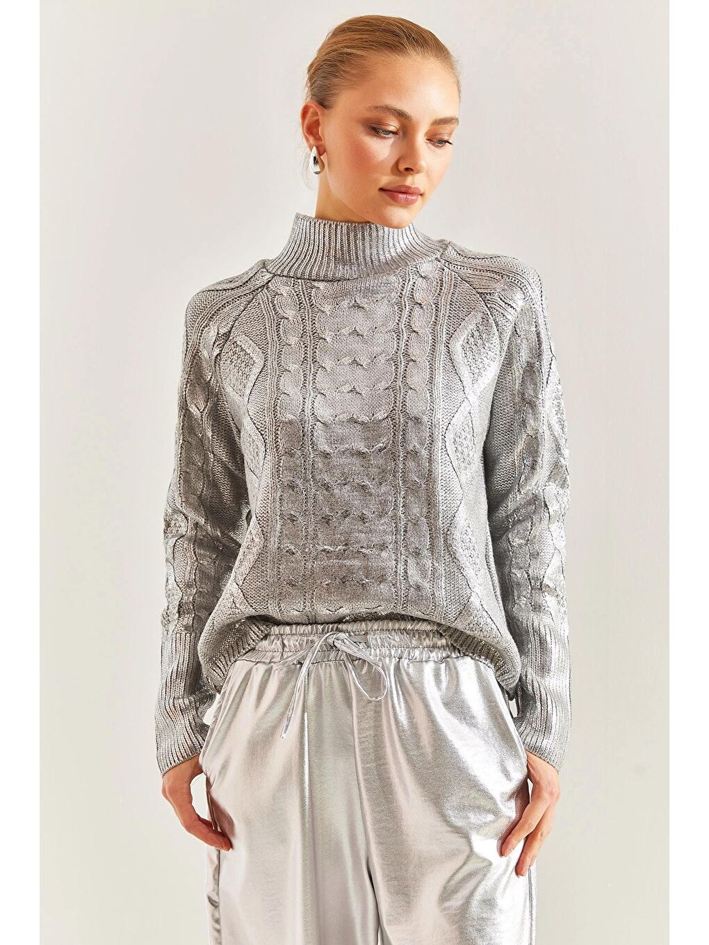 Gri Kadın Desenli Triko Kazak-3