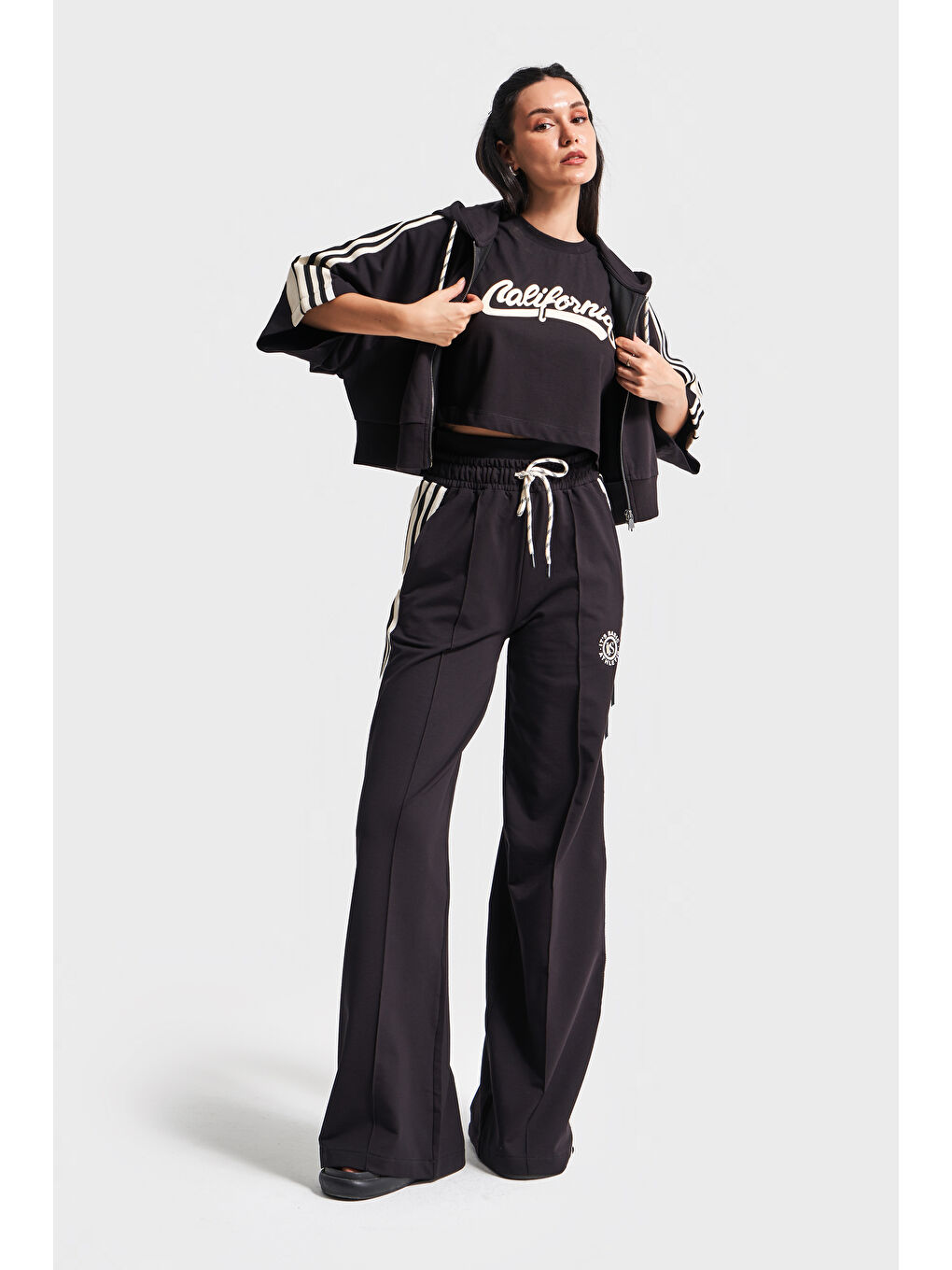 Kadın Siyah Bej Renk s5-1 Örme Kumaş Eşofman Oversize T-Shirt Fermuarlı Polar 3'lü Takım Kombin