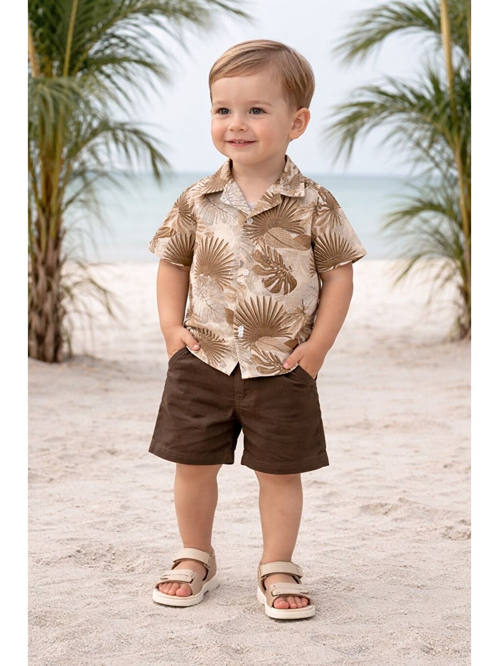 Haki Tarz Yaprak Desenli Gömlek Belden Ayarlanabilir Slopetli Kısa Kollu Şortlu 2'li Takım Çocuk ve