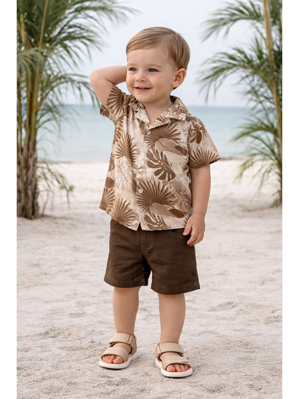 Haki Tarz Yaprak Desenli Gömlek Belden Ayarlanabilir Slopetli Kısa Kollu Şortlu 2'li Takım Çocuk ve-1