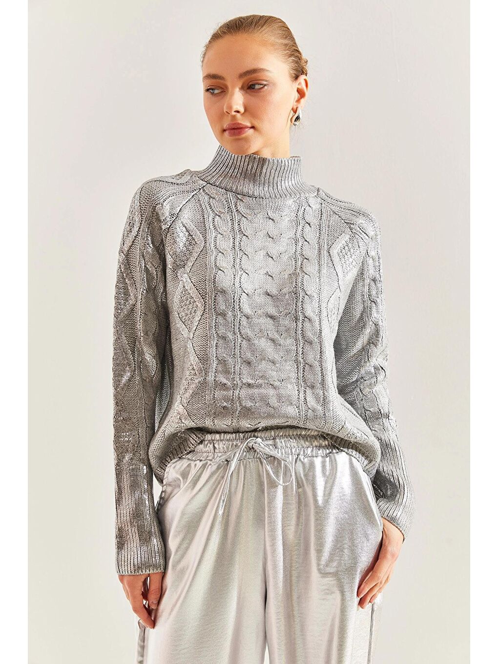 Gri Kadın Desenli Triko Kazak-4