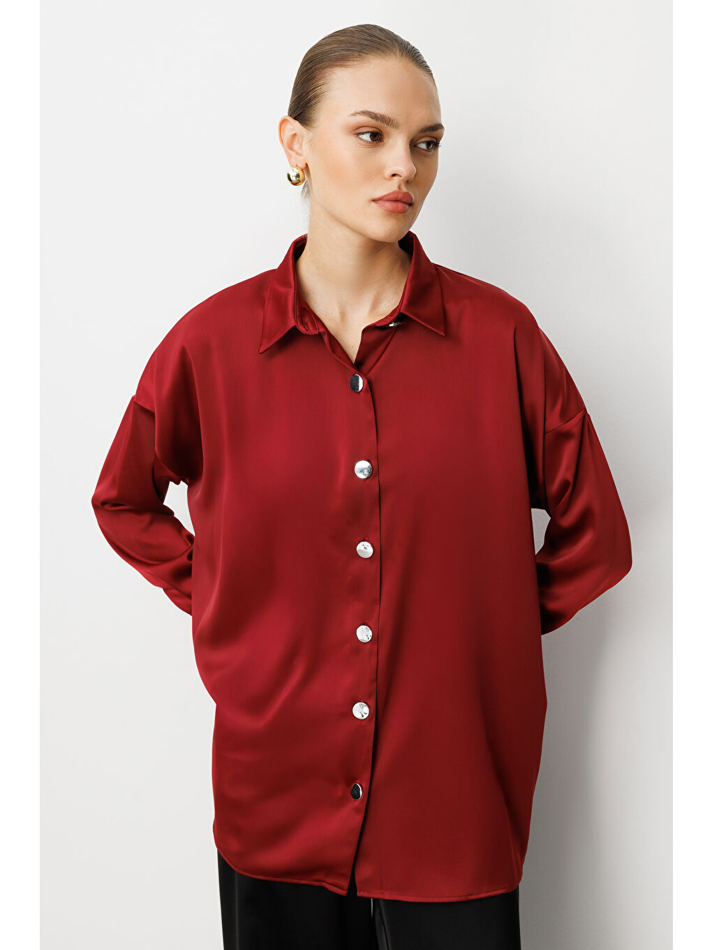 Metal Düğmeli Bordo Saten Tunik Gömlek-2