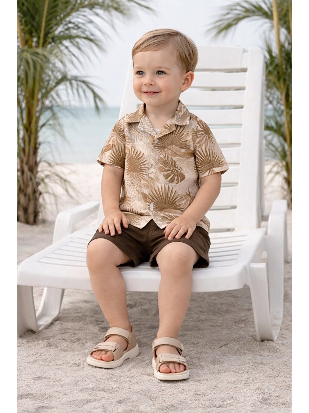 Haki Tarz Yaprak Desenli Gömlek Belden Ayarlanabilir Slopetli Kısa Kollu Şortlu 2'li Takım Çocuk ve-2