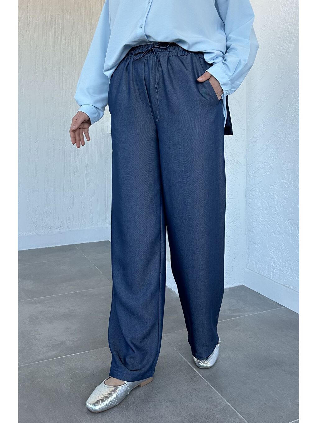 Lacivert Bel Lastikli Tesettür Pantolon-4