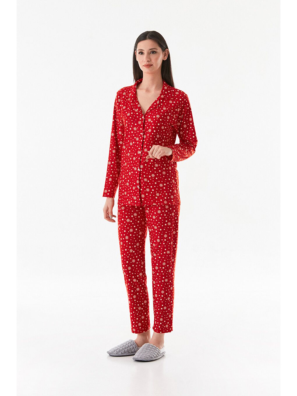 Mürdüm Çizgili Gömlek Yaka Süet Pijama Takımı