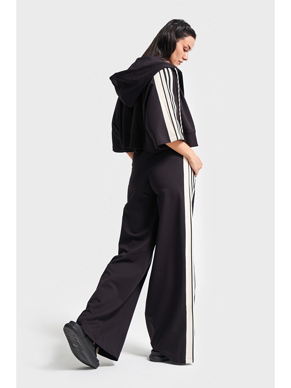 Kadın Siyah Bej Renk s5-1 Örme Kumaş Eşofman Oversize T-Shirt Fermuarlı Polar 3'lü Takım Kombin-1