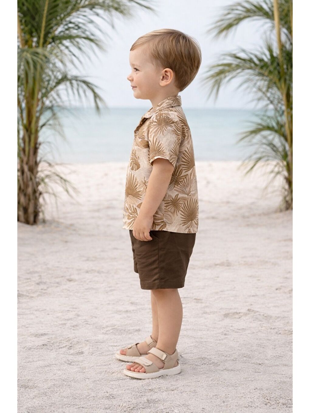 Haki Tarz Yaprak Desenli Gömlek Belden Ayarlanabilir Slopetli Kısa Kollu Şortlu 2'li Takım Çocuk ve-3