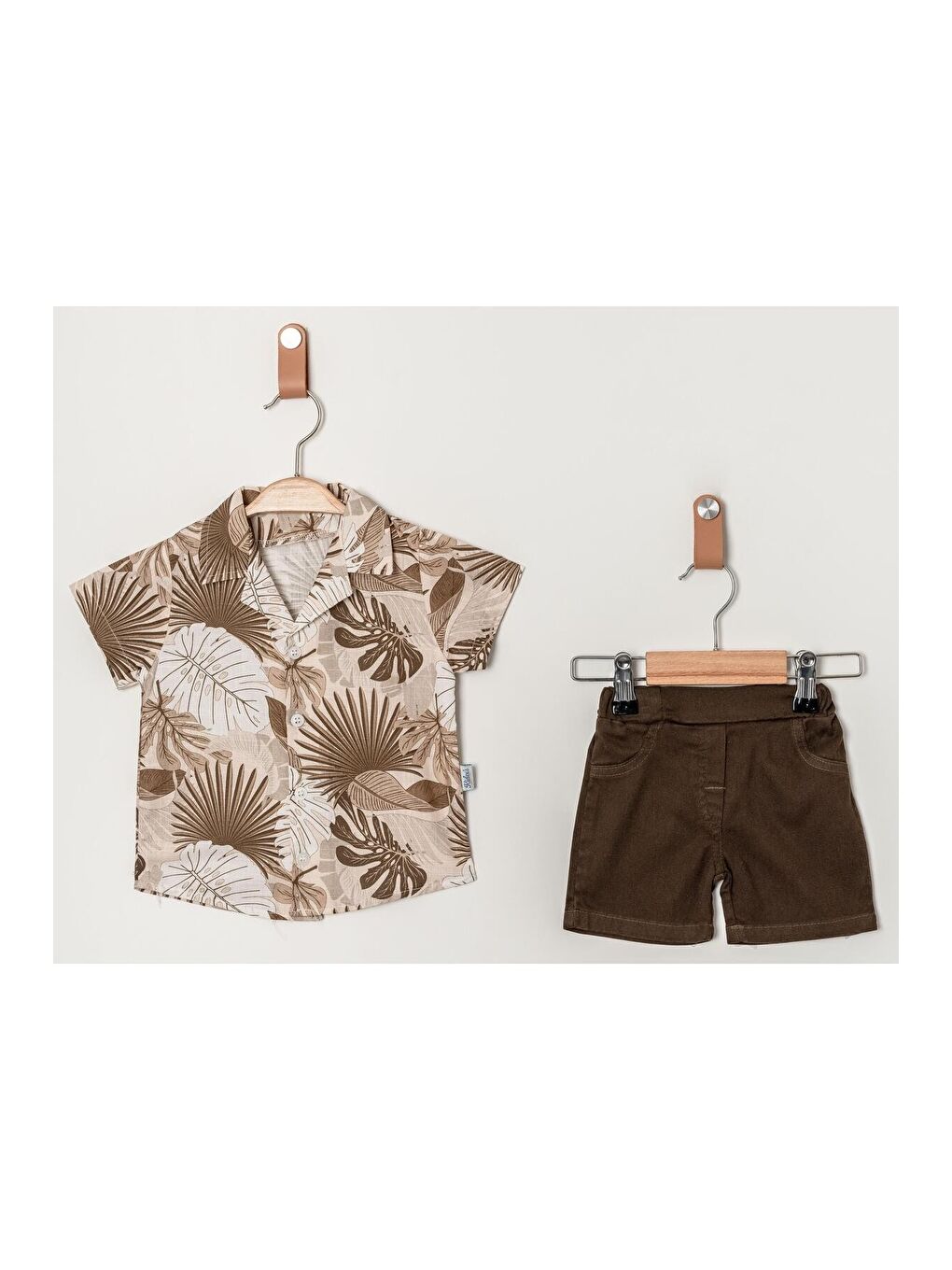 Haki Tarz Yaprak Desenli Gömlek Belden Ayarlanabilir Slopetli Kısa Kollu Şortlu 2'li Takım Çocuk ve-4