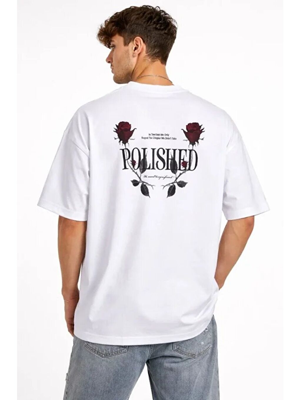 Beyaz Erkek Bisiklet Yaka Baskılı Kısa Kollu Tişört