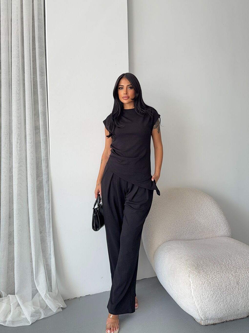 Asimetrik Bluz ve Pantalon Takım Siyah-1