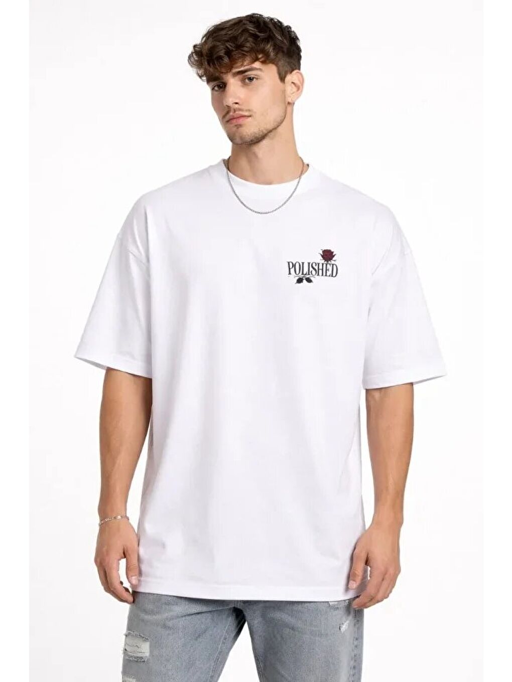 Beyaz Erkek Bisiklet Yaka Baskılı Kısa Kollu Tişört-2