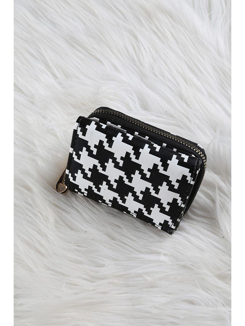 Siyah Kazayağı Desenli Cüzdan/Para Çantası