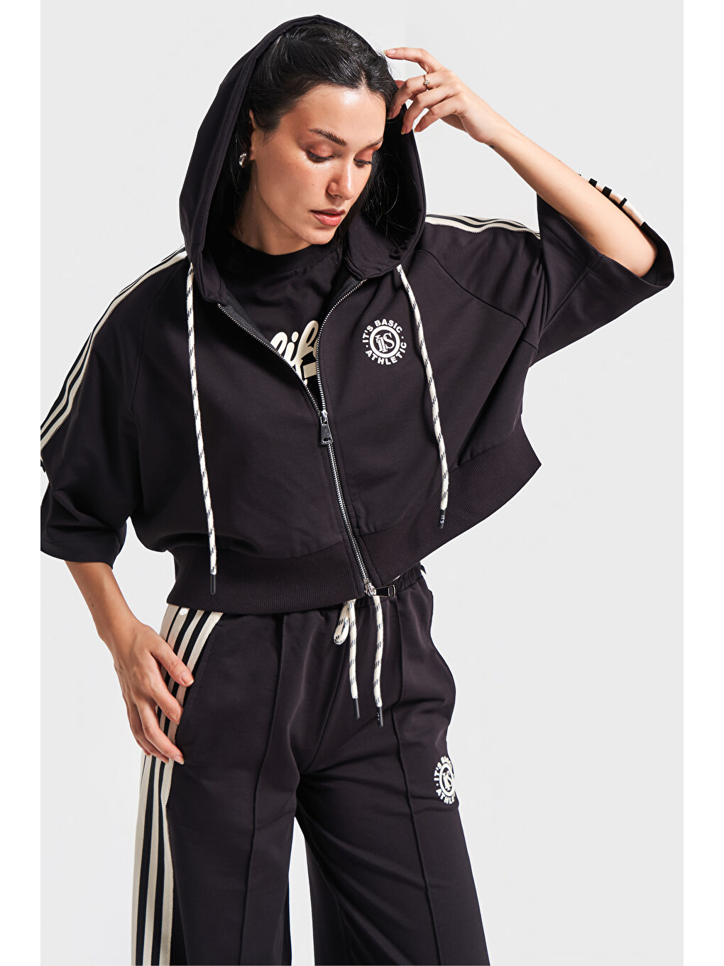 Kadın Siyah Bej Renk s5-1 Örme Kumaş Eşofman Oversize T-Shirt Fermuarlı Polar 3'lü Takım Kombin-2