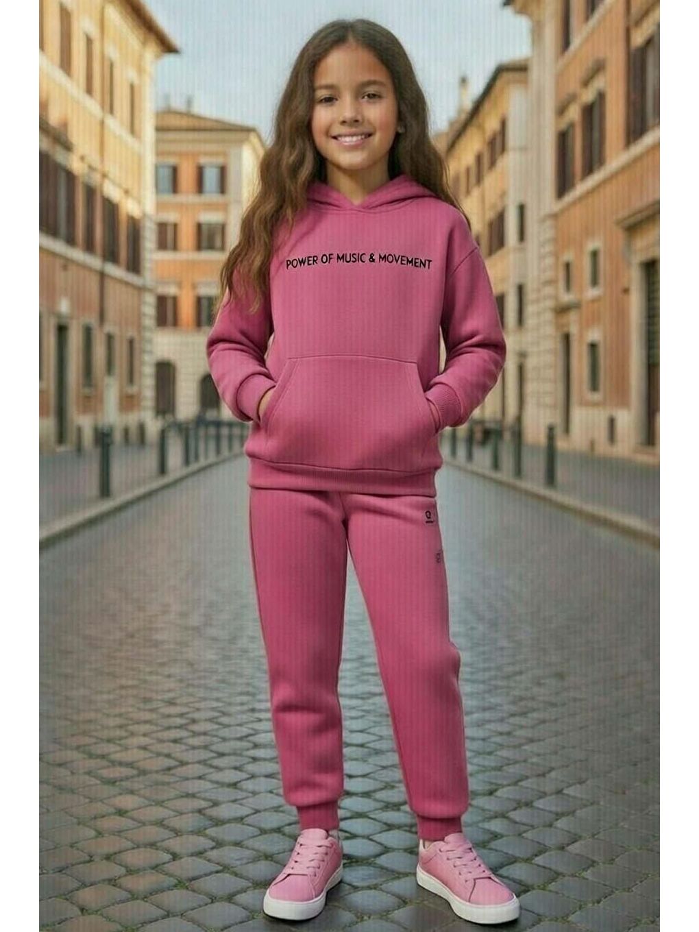 Kız Çocuk Music Yazı Detaylı 3 İplik Sweat Kanguru Cepli Mor Eşofman Takım-1