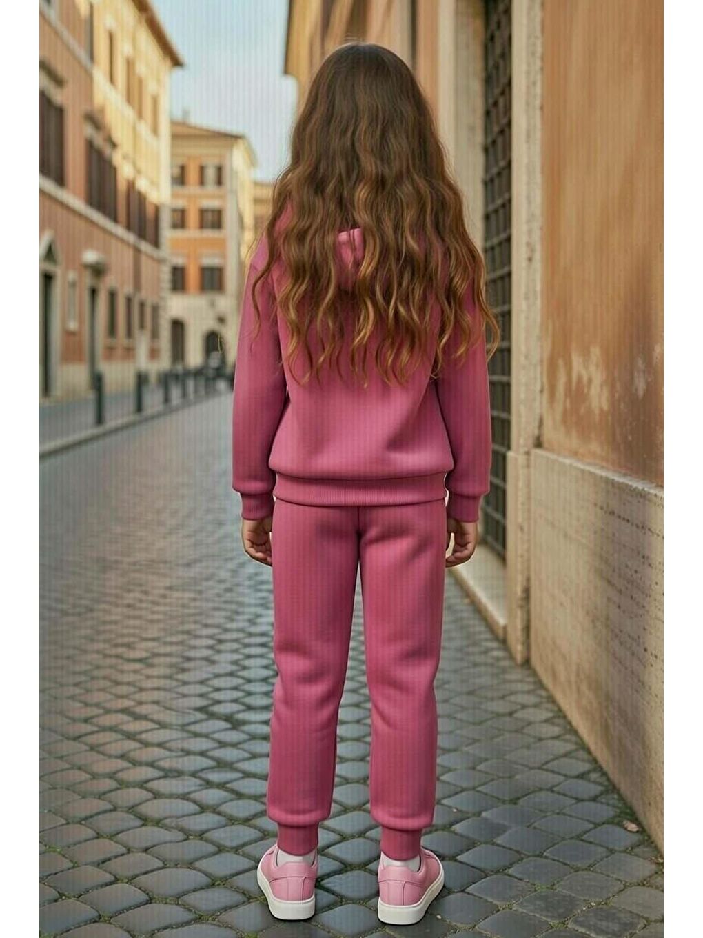 Kız Çocuk Music Yazı Detaylı 3 İplik Sweat Kanguru Cepli Mor Eşofman Takım-2