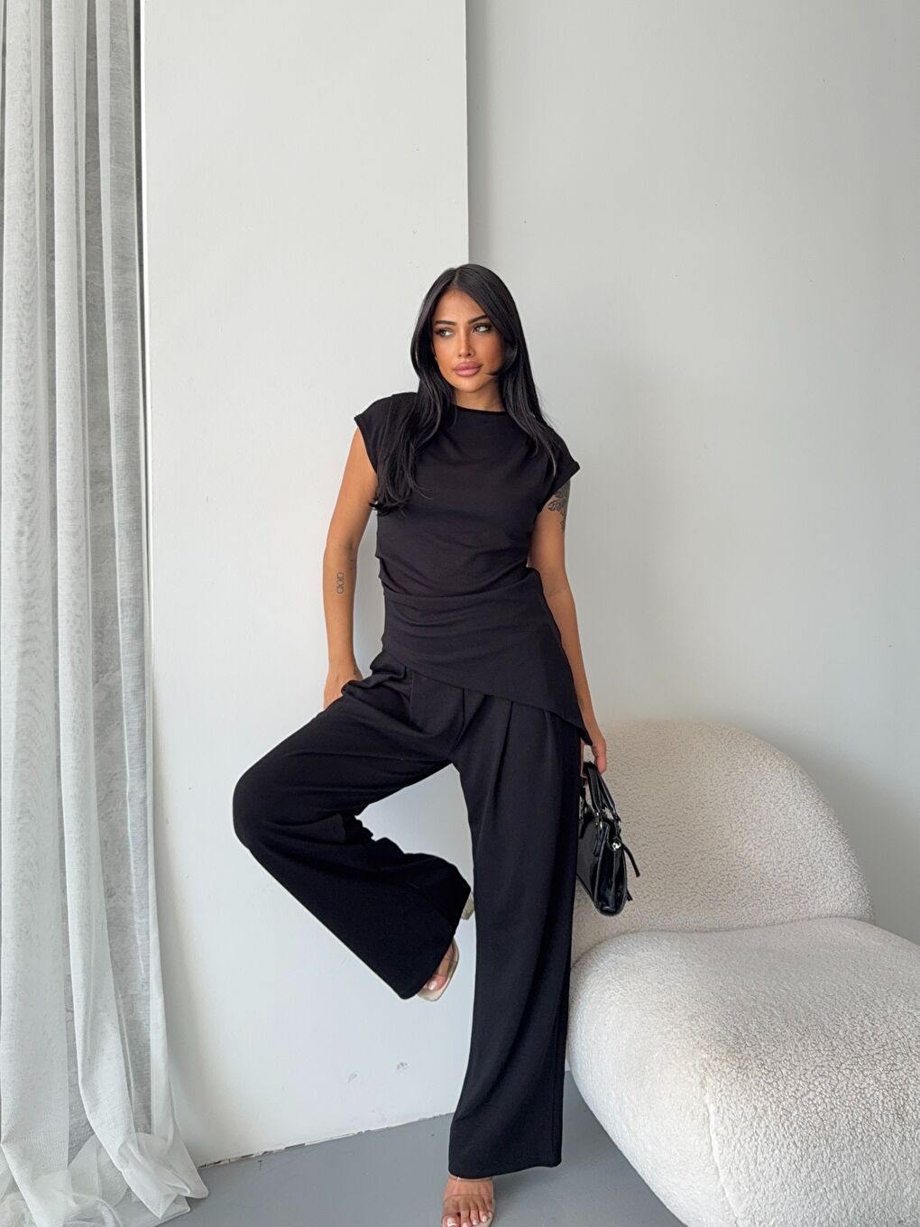 Asimetrik Bluz ve Pantalon Takım Siyah-2