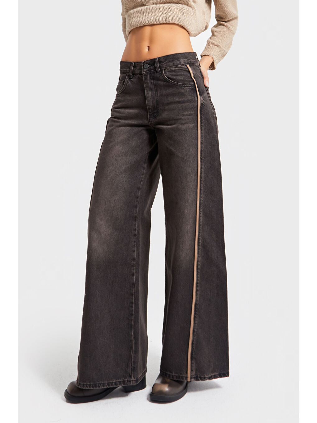 Mavi Kadın T.Kot Rengi 2w5-62 Palazzo Fit Yandan Şerit Detaylı Bol Kesim İç Boy 80cm Tasarım Denim Jean