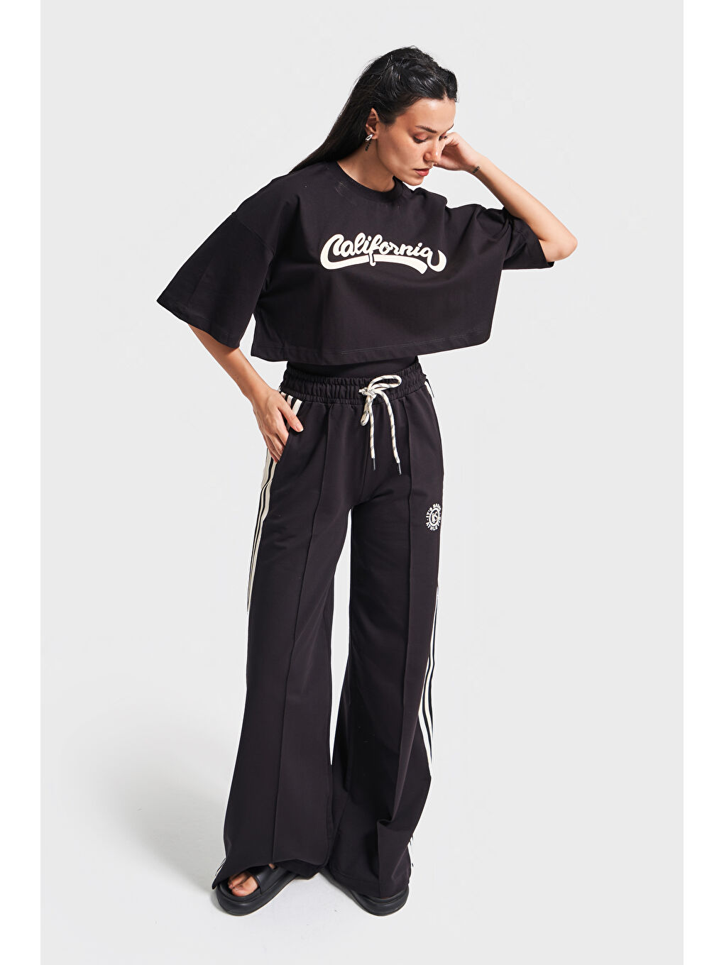 Kadın Siyah Bej Renk s5-1 Örme Kumaş Eşofman Oversize T-Shirt Fermuarlı Polar 3'lü Takım Kombin-3