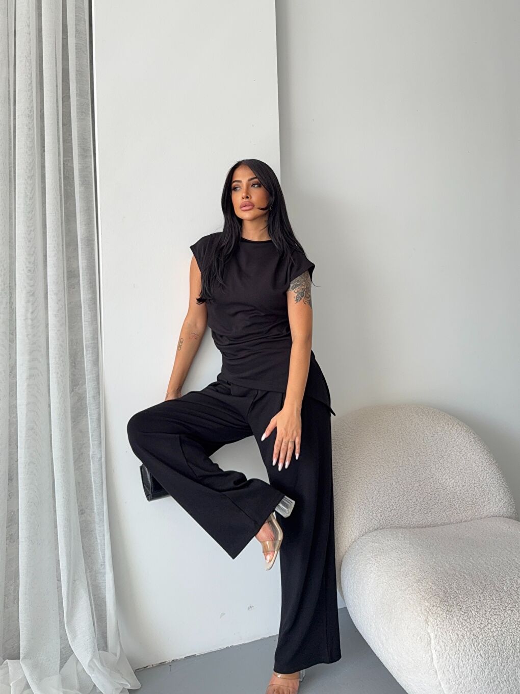 Asimetrik Bluz ve Pantalon Takım Siyah-3