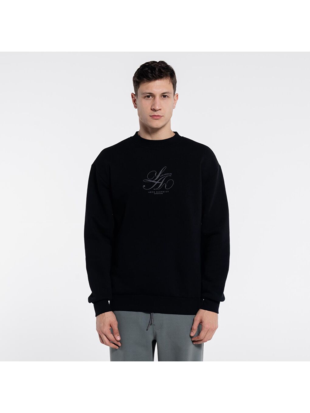 Dom Erkek Siyah Bisiklet Yaka Ekstra Oversize Sweatshirt - 3 İplik