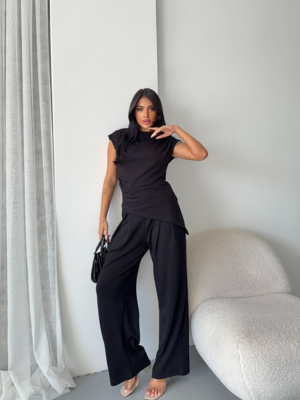 Asimetrik Bluz ve Pantalon Takım Siyah-4