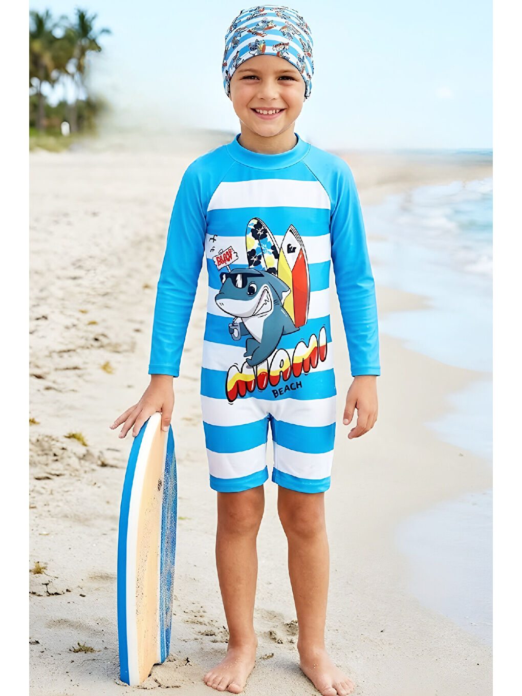Mavi Erkek Çocuk Mayo Takımı-Uzun Kollu Yüzücü Mayo ve Bone 4-12 Yaş 12636N