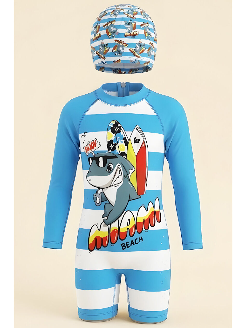 Mavi Erkek Çocuk Mayo Takımı-Uzun Kollu Yüzücü Mayo ve Bone 4-12 Yaş 12636N-1