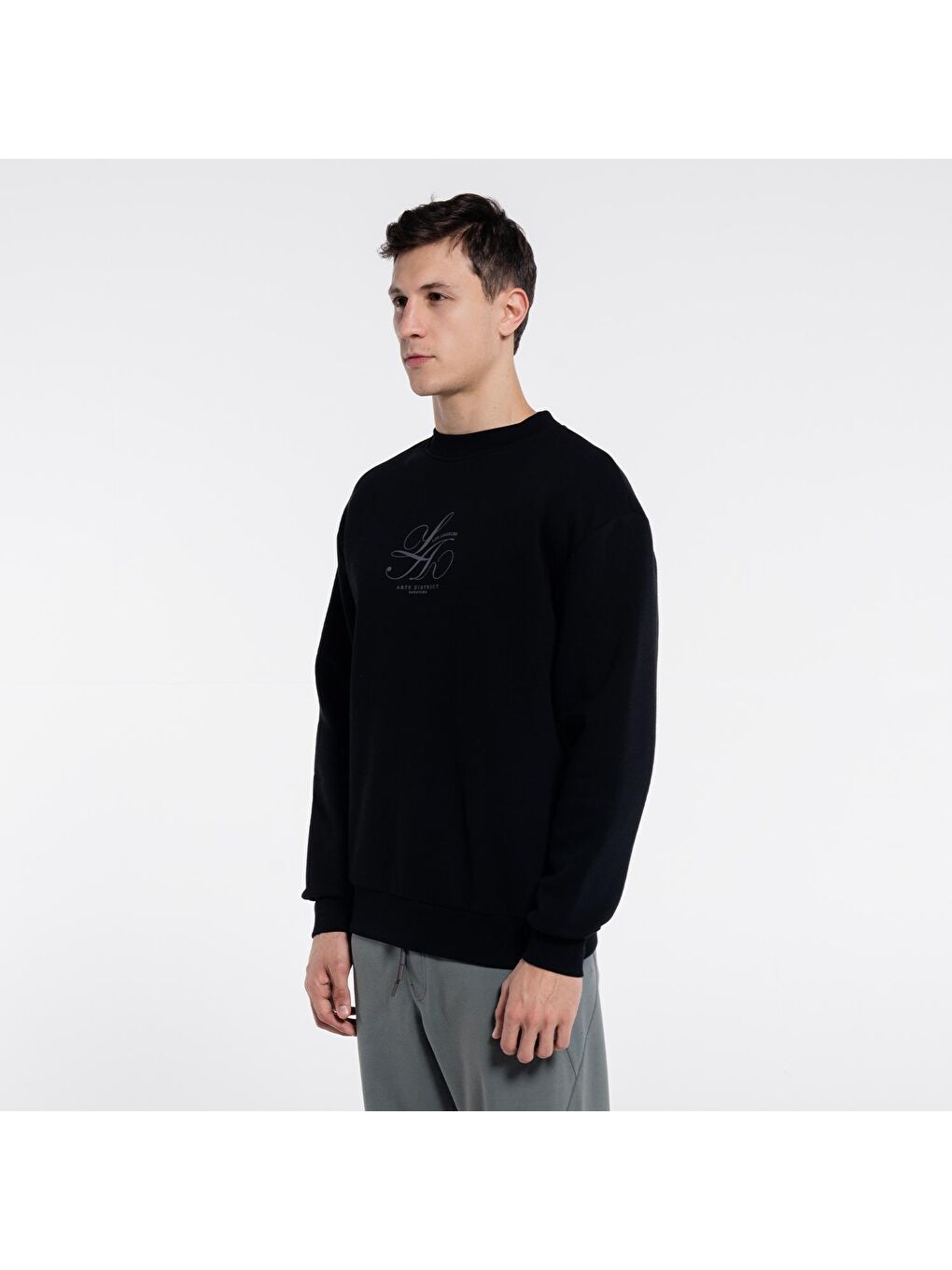 Dom Erkek Siyah Bisiklet Yaka Ekstra Oversize Sweatshirt - 3 İplik-2