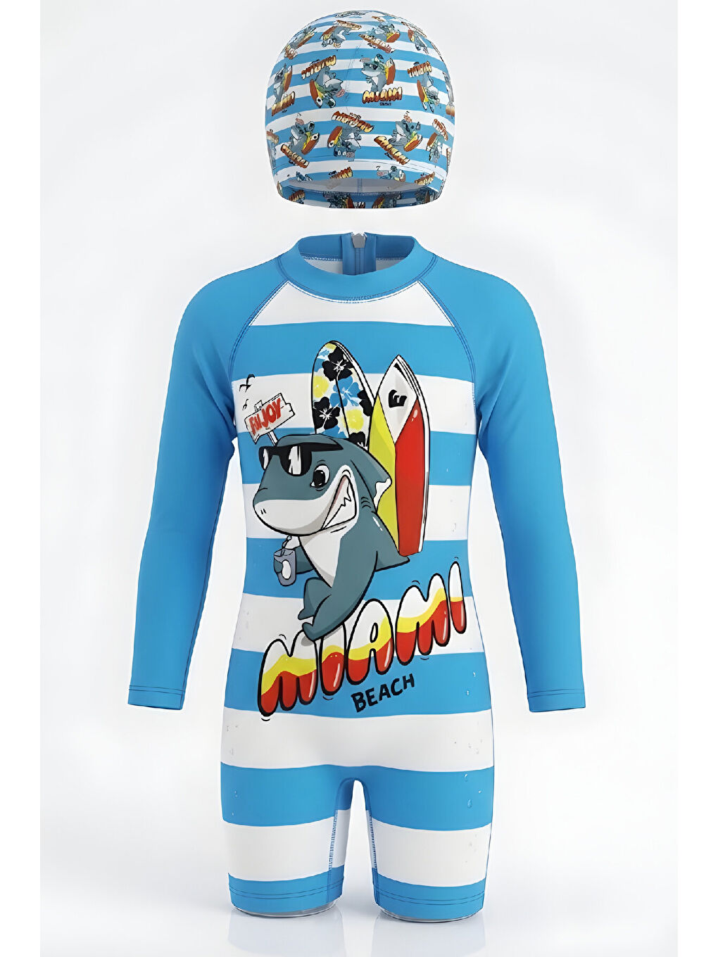 Mavi Erkek Çocuk Mayo Takımı-Uzun Kollu Yüzücü Mayo ve Bone 4-12 Yaş 12636N-2