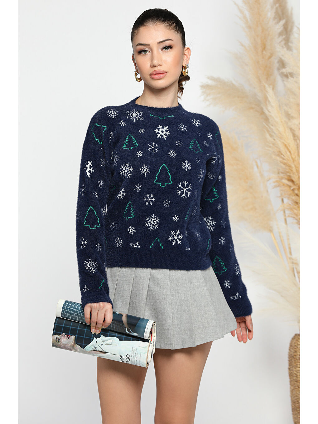 Lacivert Kadın Yılbaşı Temalı Şardonlu  İplik Triiko Kazak