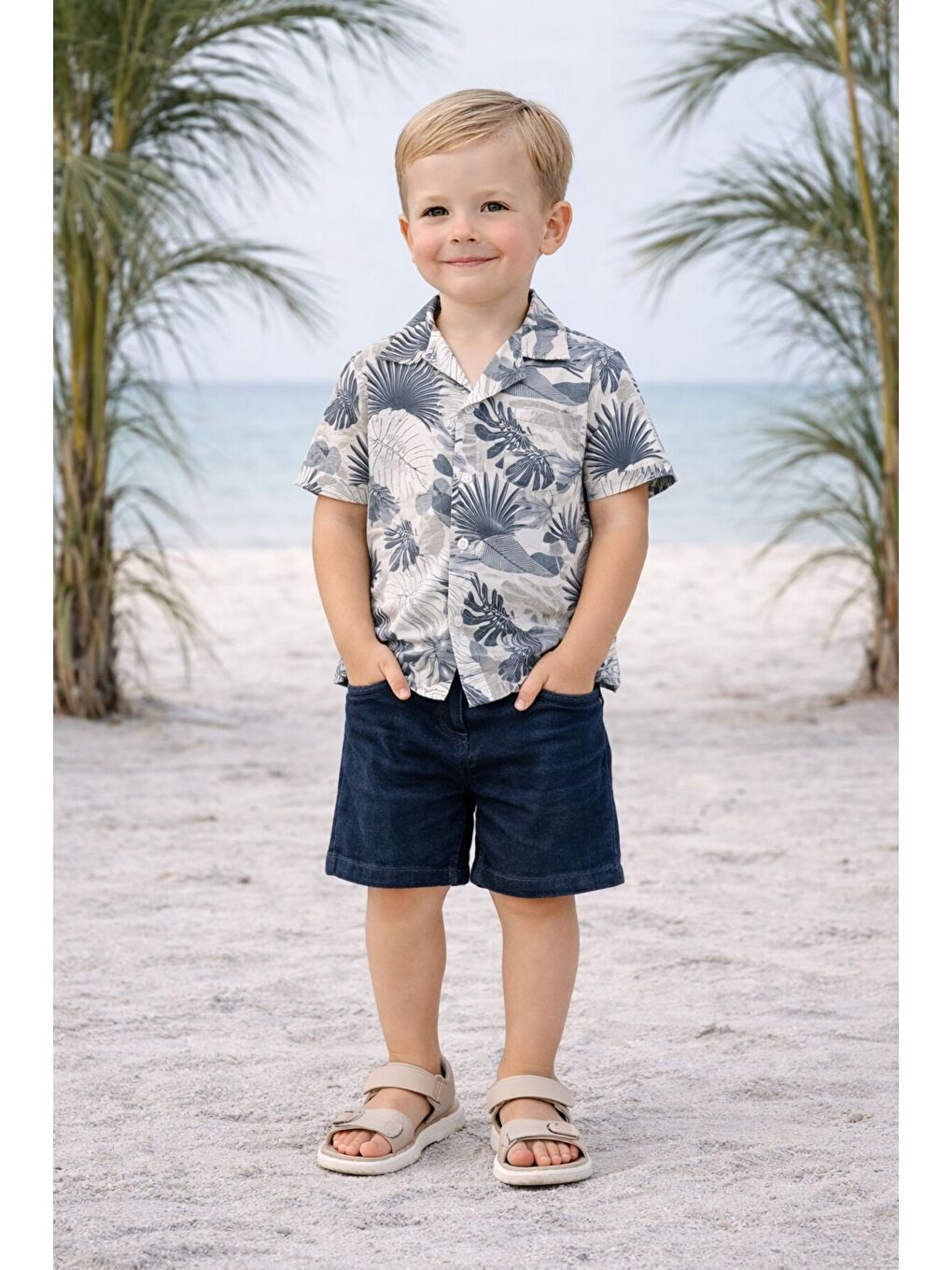 Lacivert Tarz Yaprak Desenli Gömlek Belden Ayarlanabilir Slopetli Kısa Kollu Şortlu 2'li Takım Çocuk ve