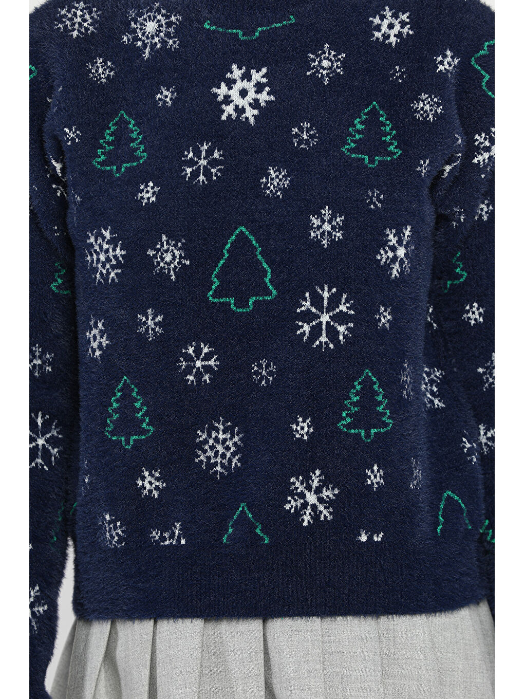 Lacivert Kadın Yılbaşı Temalı Şardonlu  İplik Triiko Kazak-3