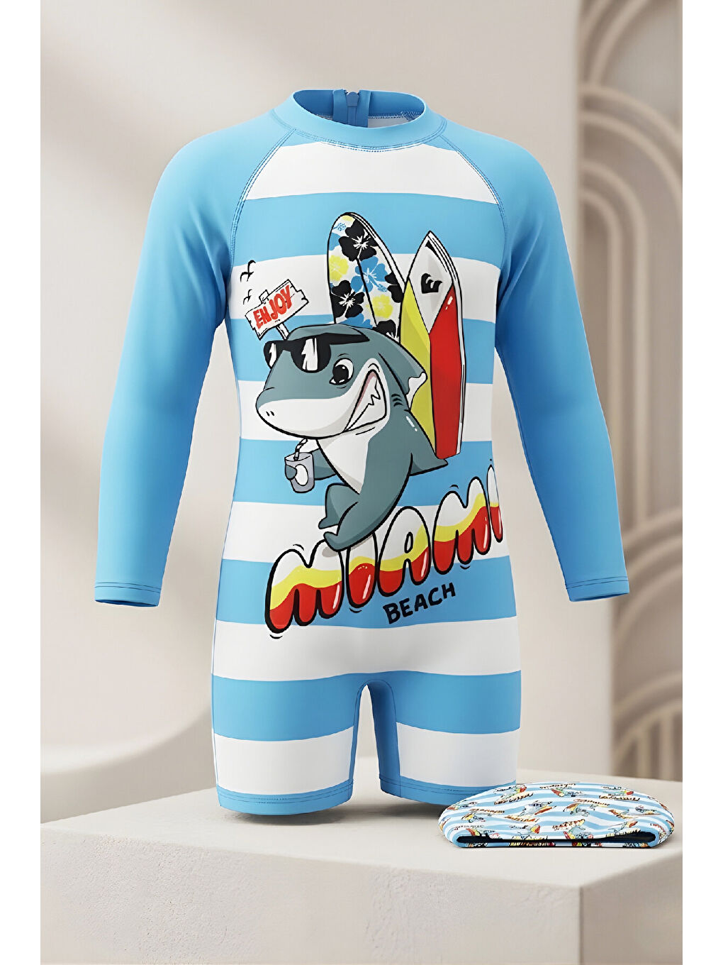Mavi Erkek Çocuk Mayo Takımı-Uzun Kollu Yüzücü Mayo ve Bone 4-12 Yaş 12636N-3