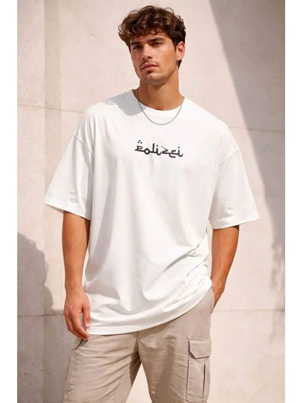 Beyaz Erkek Bisiklet Yaka Baskılı Kısa Kollu Tişört-2