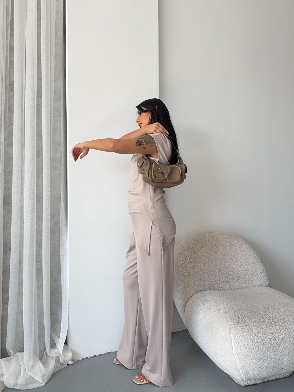 Asimetrik Bluz ve Pantalon Takım Bej-3