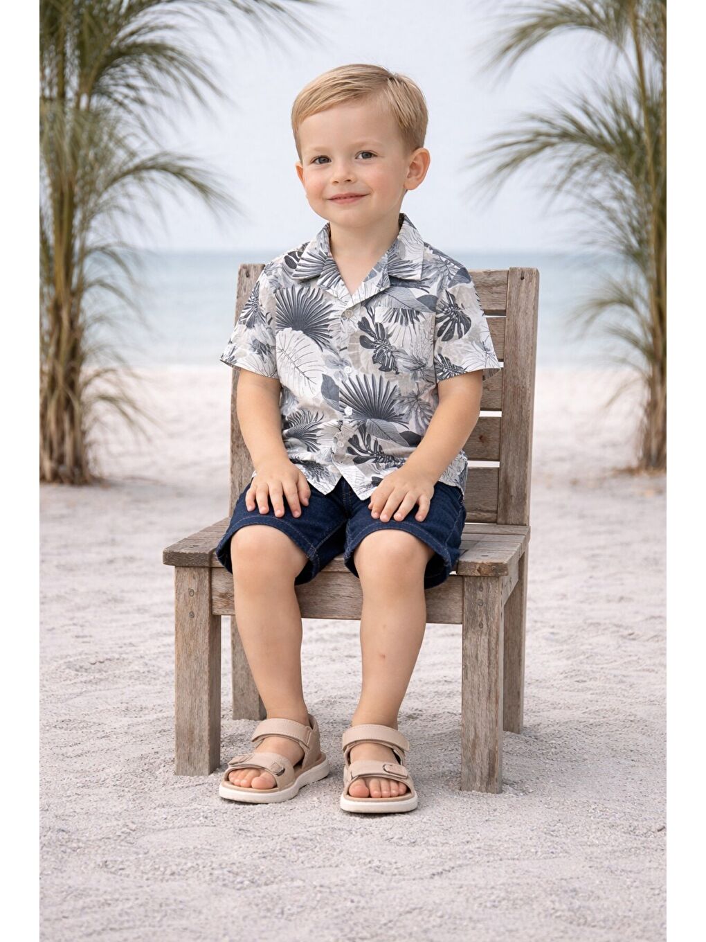 Lacivert Tarz Yaprak Desenli Gömlek Belden Ayarlanabilir Slopetli Kısa Kollu Şortlu 2'li Takım Çocuk ve-1