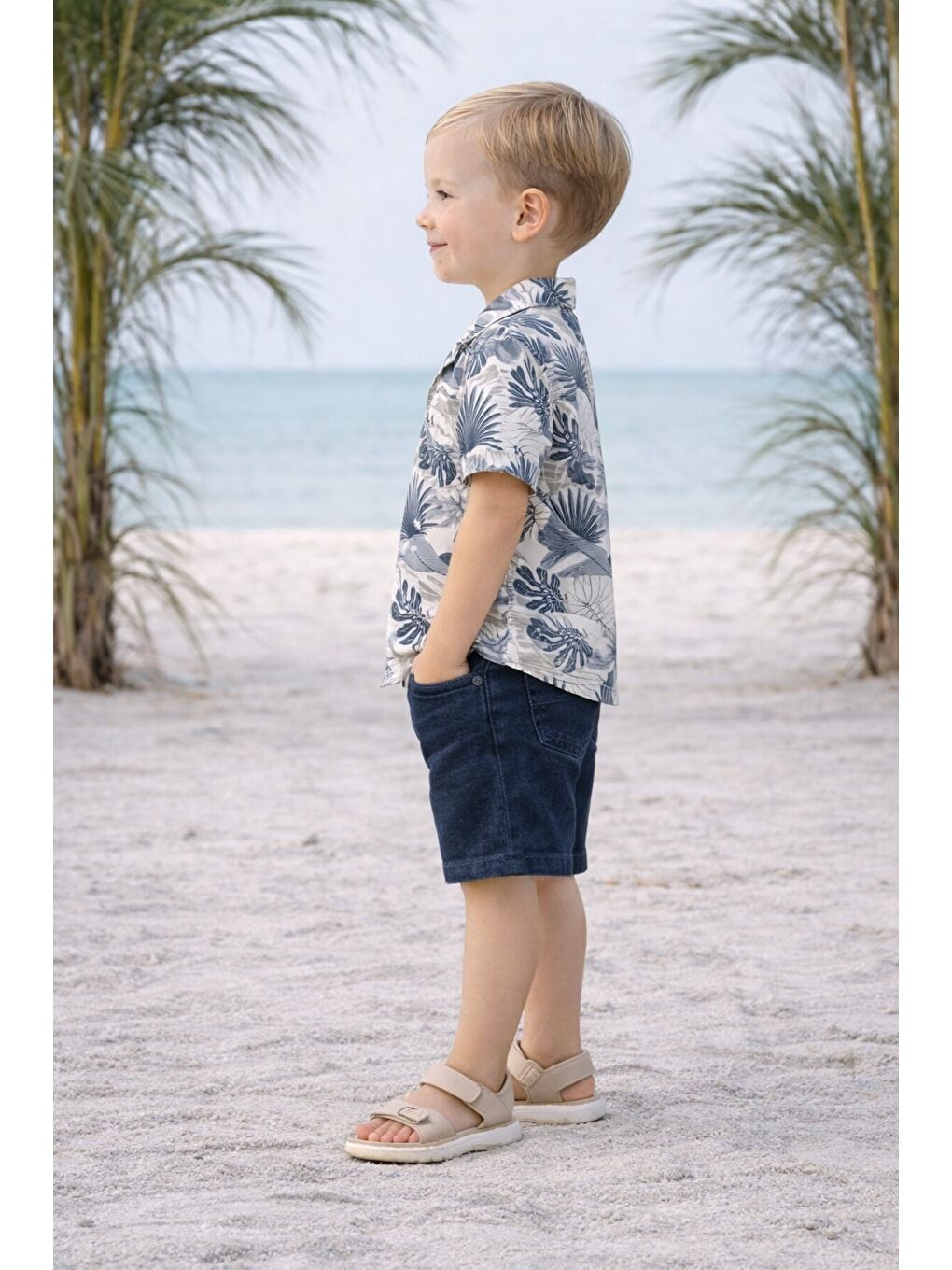 Lacivert Tarz Yaprak Desenli Gömlek Belden Ayarlanabilir Slopetli Kısa Kollu Şortlu 2'li Takım Çocuk ve-2