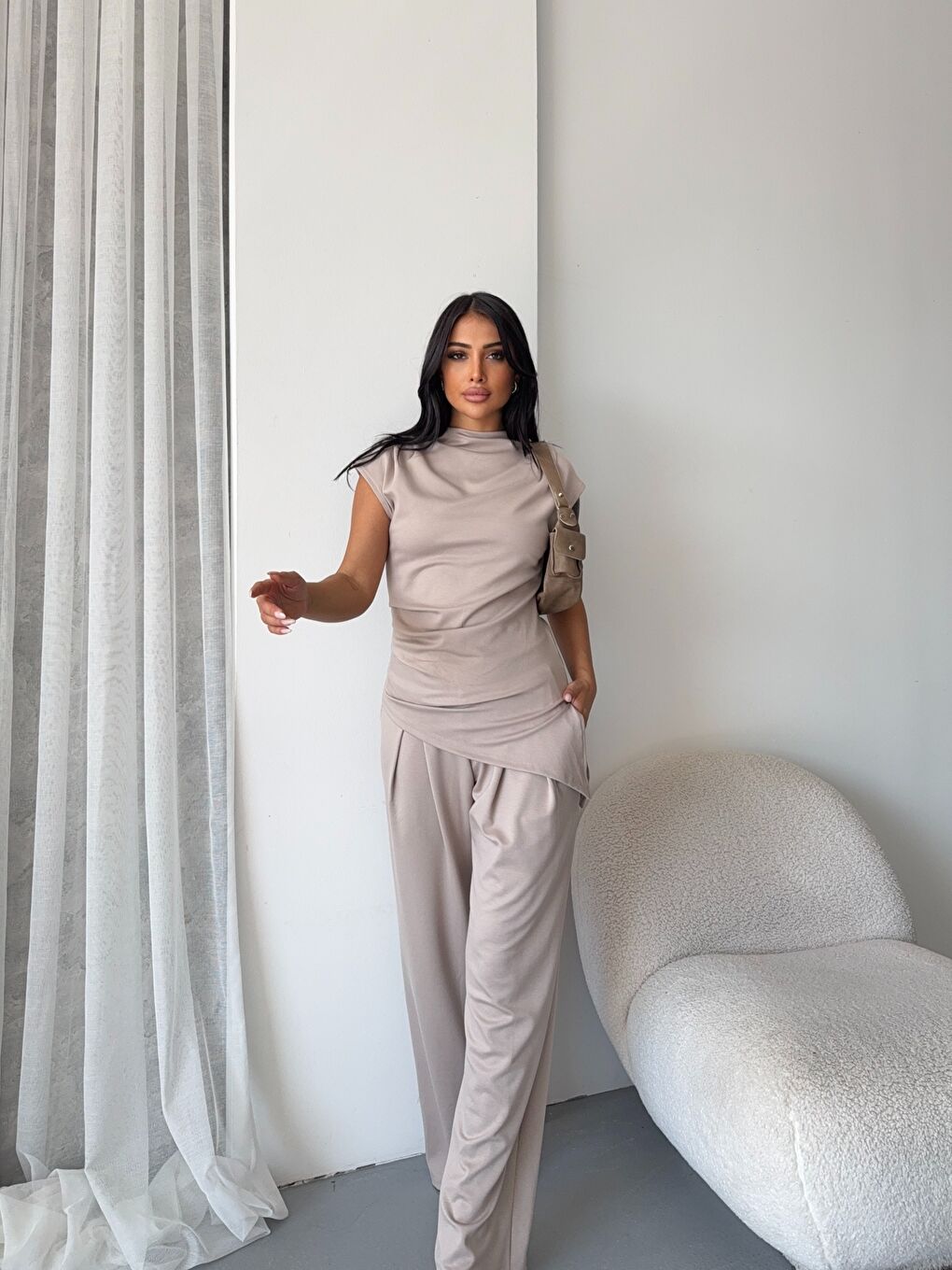 Asimetrik Bluz ve Pantalon Takım Bej-4