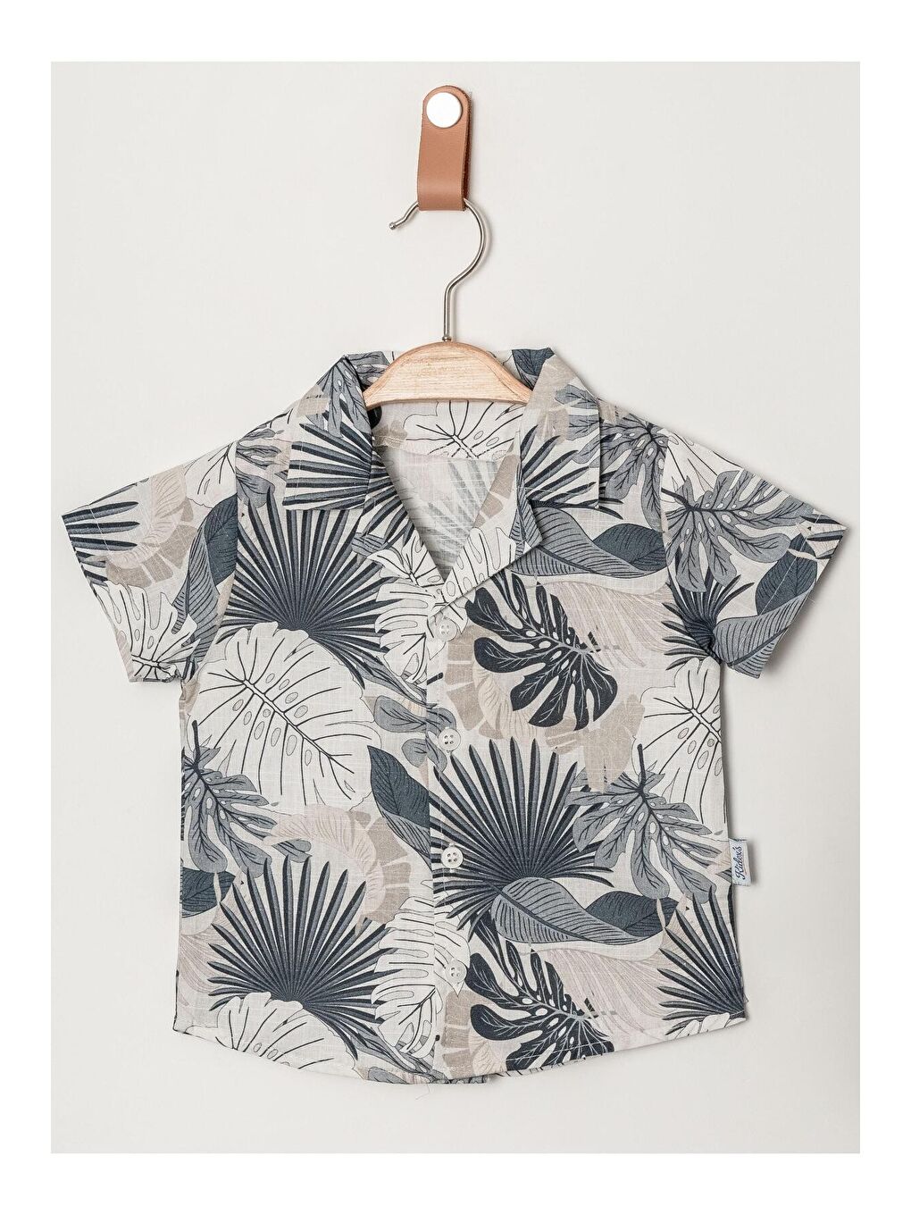 Lacivert Tarz Yaprak Desenli Gömlek Belden Ayarlanabilir Slopetli Kısa Kollu Şortlu 2'li Takım Çocuk ve-4