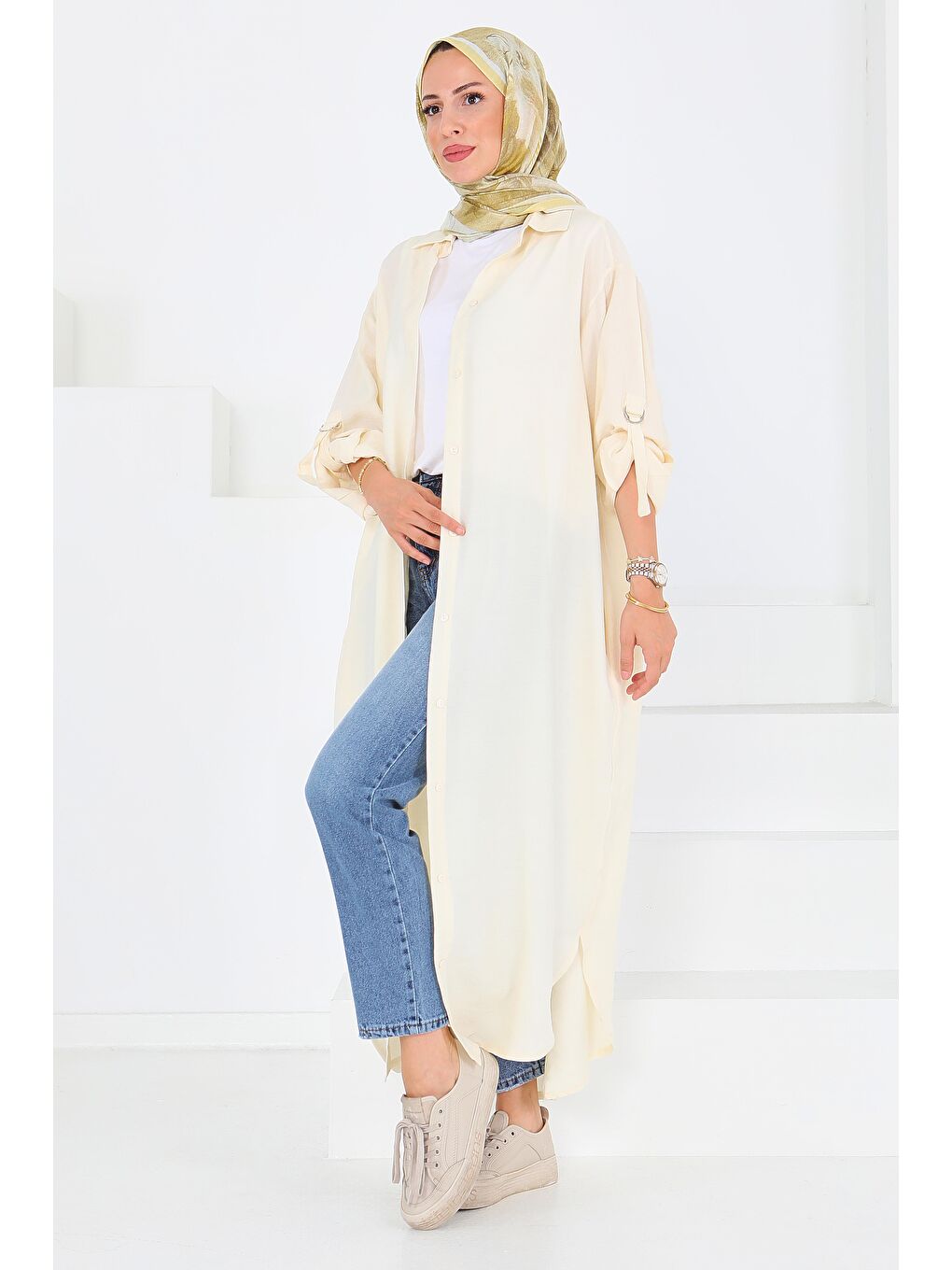 Düğmeli Elbise Ekru - 27547-1