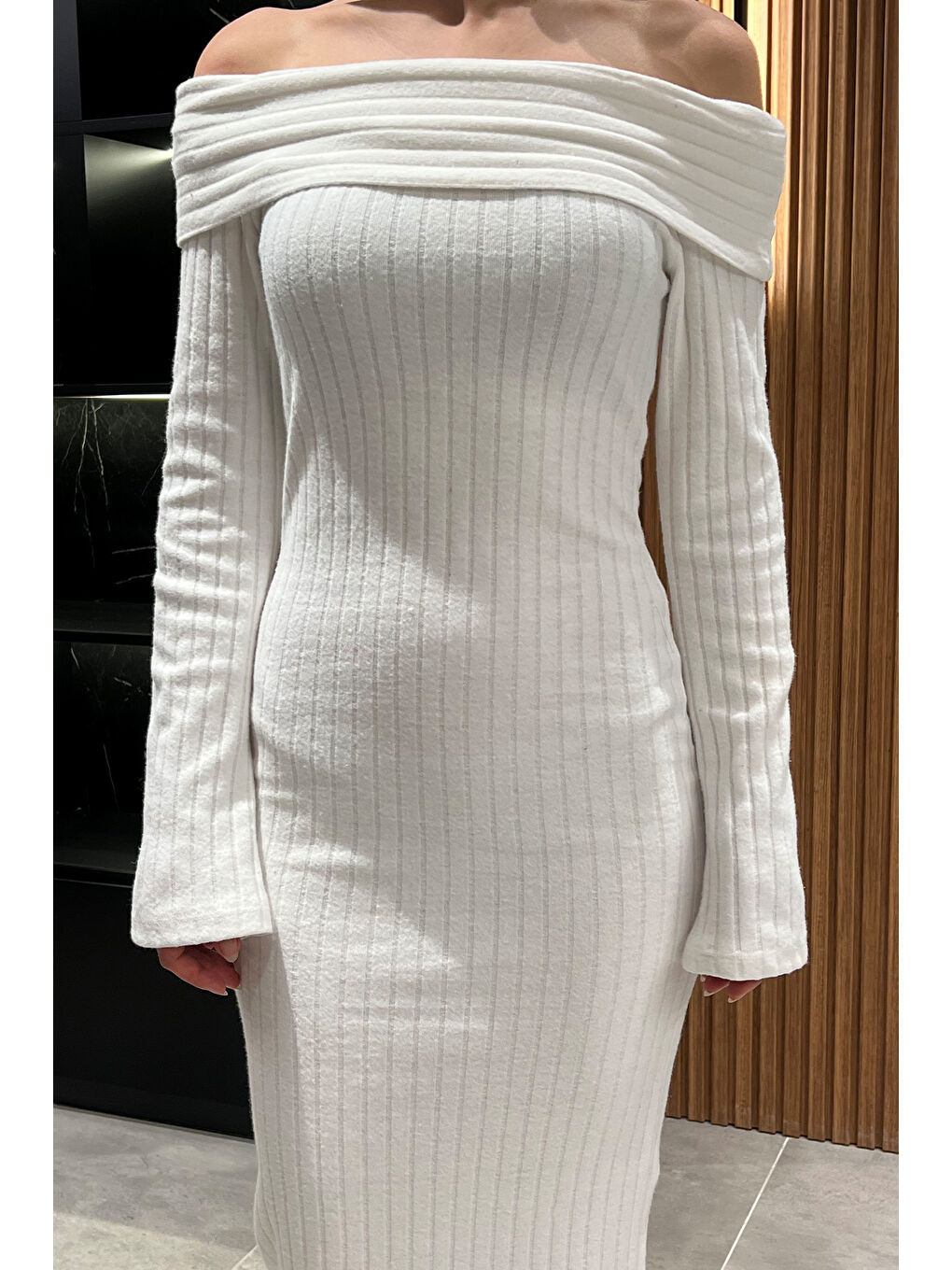 Beyaz Madonna Yaka Kadın Uzun Elbise-2