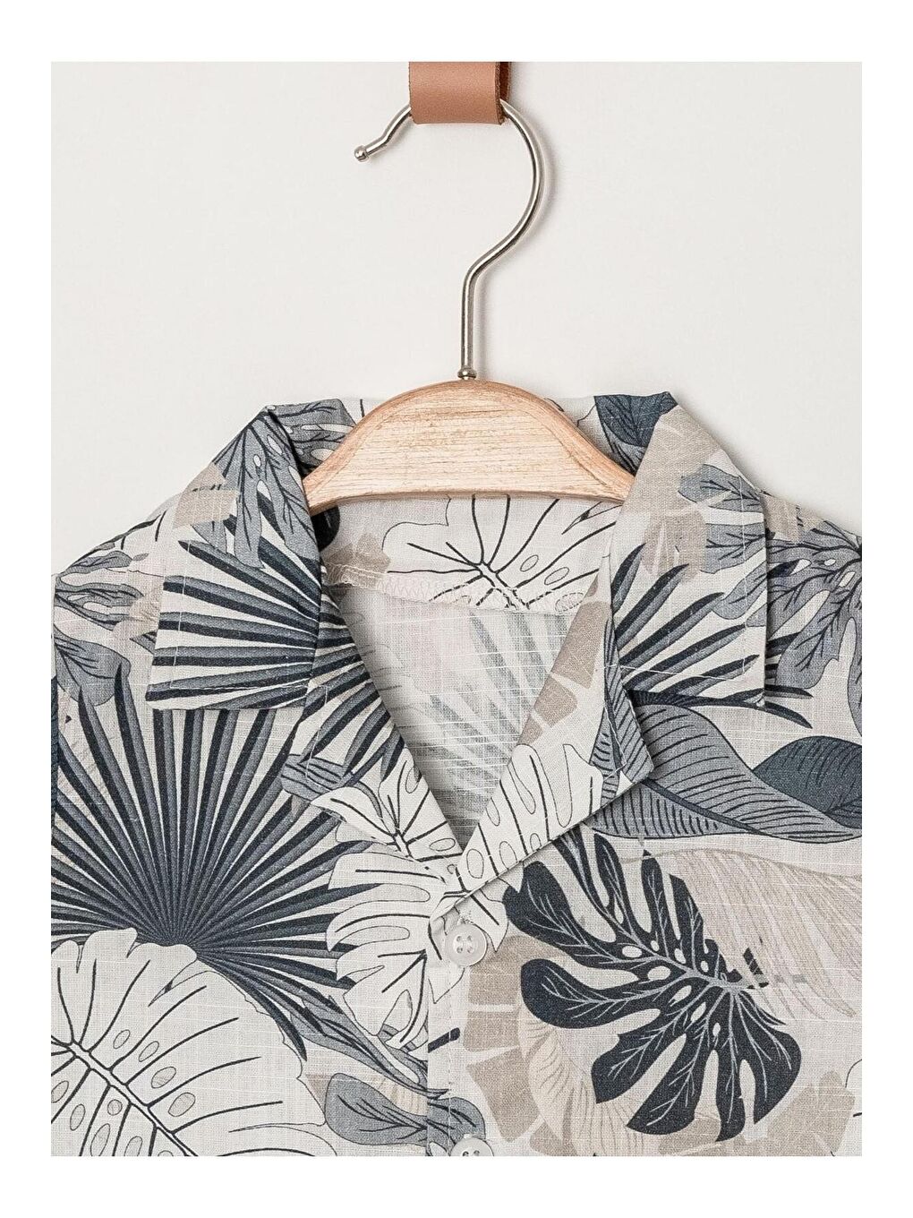 Lacivert Tarz Yaprak Desenli Gömlek Belden Ayarlanabilir Slopetli Kısa Kollu Şortlu 2'li Takım Çocuk ve-5