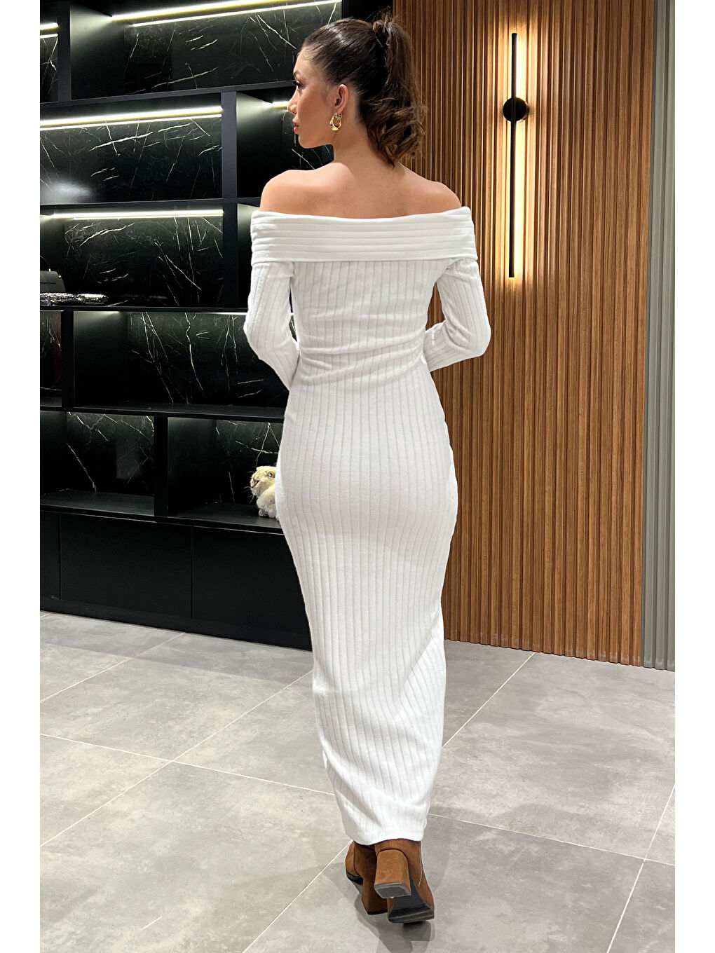 Beyaz Madonna Yaka Kadın Uzun Elbise-3