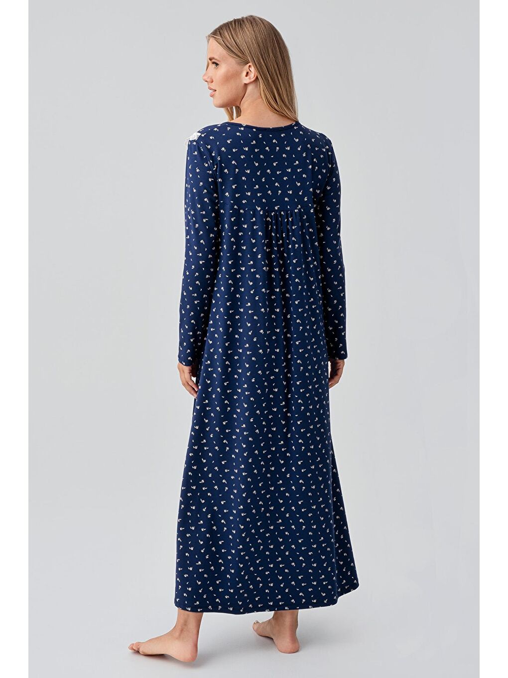 Lacivert Uzun Kollu Desenli Düğmeli Esnek Pamuklu Gecelik 18101-2